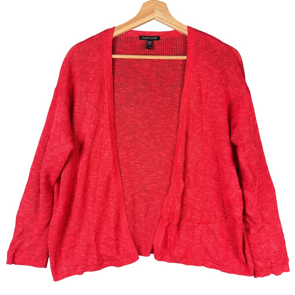 Eileen Fisher Red Organic Linen Open Knit Cardigan Sweater Size XXS Long Sleeve